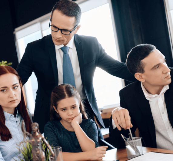 divorce lawyer stands next to parents and child